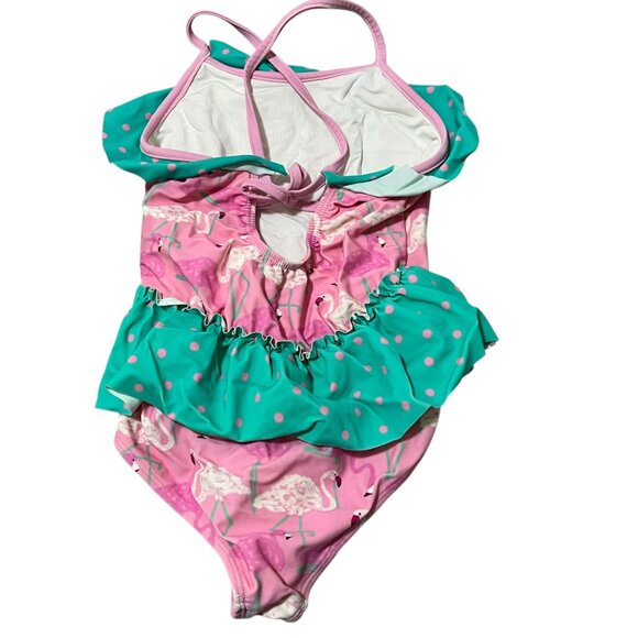 Girls Flamingo Print Ruffled One-Piece Swimsuit Pink & Green Size 10 - Picture 3 of 3